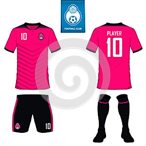 Set of soccer kit or football jersey template for football club. Flat football logo on blue label. Front and back view soccer unif