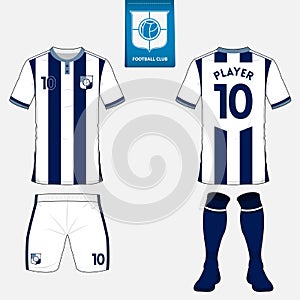 Set of soccer kit or football jersey template for football club. Flat logo on blue label. Front and back view. Football uniform.