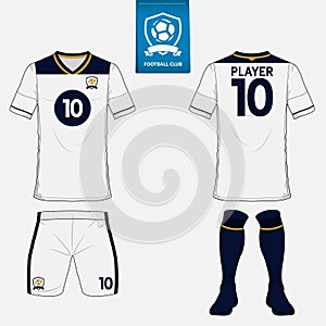 Set of soccer kit or football jersey template for football club. Flat logo on blue label. Front and back view. Football uniform.