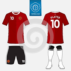 Set of soccer kit or football jersey template for football club. Flat logo on blue label. Front and back view. Football uniform.