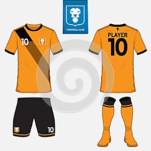 Set of soccer kit or football jersey template for football club. Flat logo on blue label. Front and back view. Football uniform.