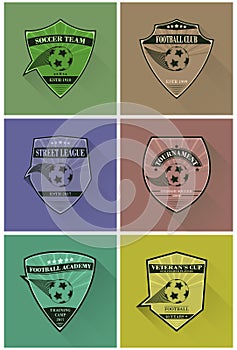 Set of soccer logos. Football logotypes in flat style with long shadow.