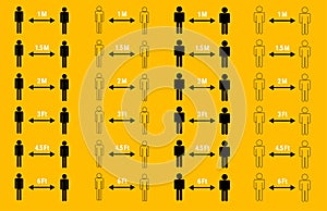 Set of social distancing icons on different distances, meters and feet