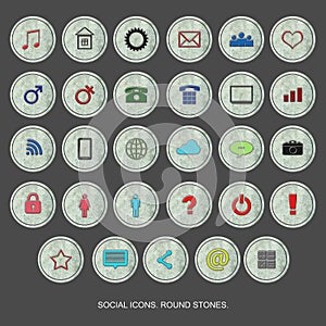 Set of Social icons on a round stone. Isolated on a gray background. 3D illustration. Social media. Design