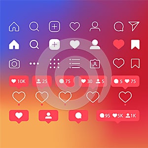 Set of social media icons inspired by Instagram: like, follower, comment, home, camera, user, search. Vector illustration with whi