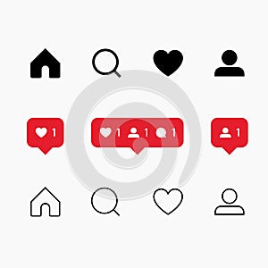 Set of social media icons inspired by Instagram: like, follower, comment, home, camera, user, search. Vector illustration with whi