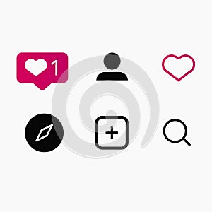 Set of social media icons inspired by Instagram: like, follower, comment, home, camera, user, search. Vector illustration with whi