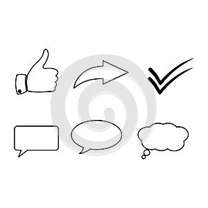 A set of social media icons with thumbs up, right arrows and more