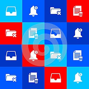 Set Social media inbox, Bell, Delete folder and file document icon. Vector