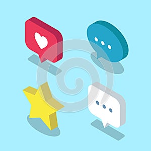 Set of social media Isometric icons, such as like, star and message bubble. Internet communication via Social media