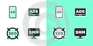 Set Social media marketing, Advertising, SEO optimization and icon. Vector