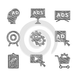 Set Social media marketing, Advertising, Shopping cart, Clipboard with graph chart, Target sport, and icon. Vector