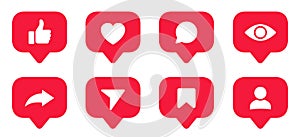 Set social media notification functional icons like, user, friend, heart, thumb up, repost, views, comment, share, save, send