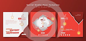 Set of social media post template in orange design with lantern and line art of simple ornamental design. Islamic background in