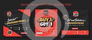 Set of social media post template in red and black background for street food advertising design