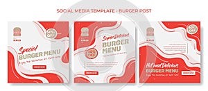 Set of social media post template in red and white liquid waving background for food advertising