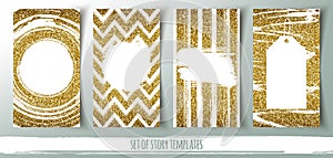 Set of social media story templates, banners with gold glitter background and place for message, vector illustration