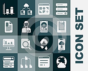 Set Social network, Cloud technology data transfer, Server, Data report, Different files, Analyst engineer, File