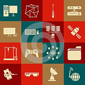 Set Social network, Document folder, Satellite, Screwdriver, Keyboard and mouse, Smart Tv, Computer monitor and Server