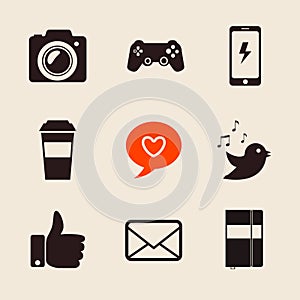 Set of social network icons vector illustration with like hand, mail, heart, foto camera, PS joystick, coffee cup, iphone