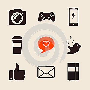 Set of social network icons vector illustration with like hand, mail, heart, foto camera, PS joystick, coffee cup, iphone photo