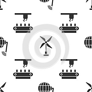 Set Social network, Wind turbine and Factory conveyor system belt on seamless pattern. Vector