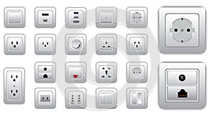Set of socket and switch electrical or realistic electrical plug and switch or computer connectors socket.