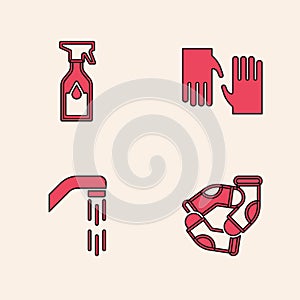 Set Socks, Cleaning spray bottle, Rubber gloves and Shower head icon. Vector