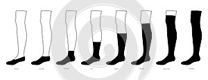 Set of Socks hosiery - No Show, low, high ankle, crew, mid calf, knee high, thigh length. Fashion accessory clothing