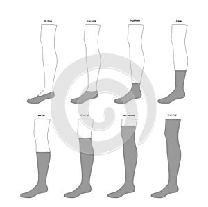 Set of Socks hosiery - No Show, low, high ankle, crew, mid calf, knee high, thigh length. Fashion accessory clothing