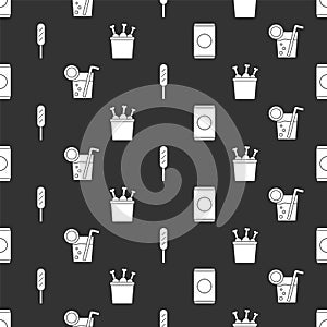 Set Soda can with straw, Cocktail, Corn dog and Chicken leg in package box on seamless pattern. Vector