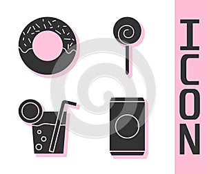 Set Soda can with straw, Donut, Cocktail and Lollipop icon. Vector