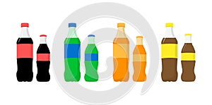 A set of soda. Soda in plastic and glass bottles. Cola, lime, orange and mineral water