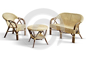 Set with sofa chair and wicker table