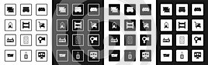 Set Sofa, Hotel room bed, Suitcase, Pillow, Hair dryer and Signboard with text icon. Vector