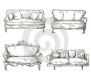 Set of sofas drawings sketch style, vector illustration