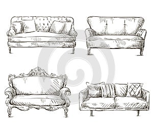 Set of sofas drawings sketch style, vector illustration photo