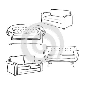 Set of sofas drawings sketch style, vector illustration. sofa vector sketch illustration