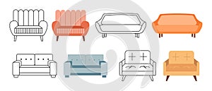 A set of sofas, ottomans. Collection of upholstered furniture for the home. Icons, illustrations, sketch