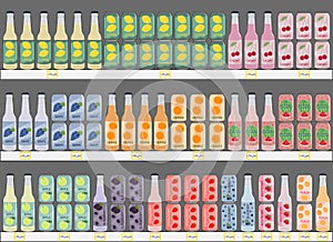 Set of soft drinks in aluminum cans and glass bottles with soda and lemonade on shelves in supermarket. Carbonated non-alcoholic