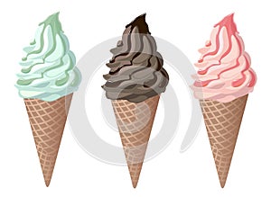 Set of soft ice cream in waffle cones