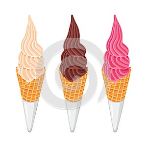 Set of Soft serve ice cream in a wafer style cone isolated on white background.