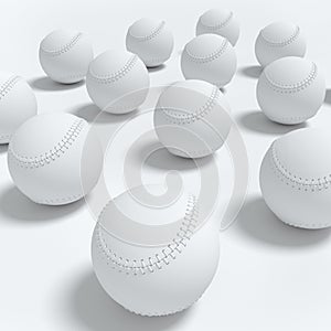 Set of softball or baseball ball lying in row on monochrome background.