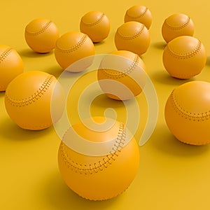 Set of softball or baseball ball lying in row on monochrome background.