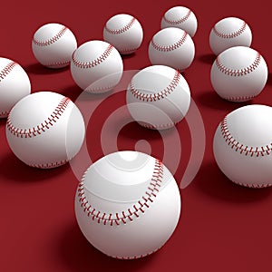 Set of softball or baseball ball lying in row on red background.