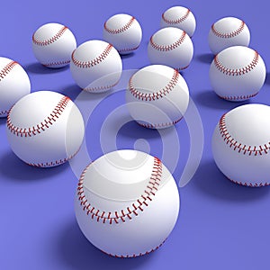 Set of softball or baseball ball lying in row on violet background.