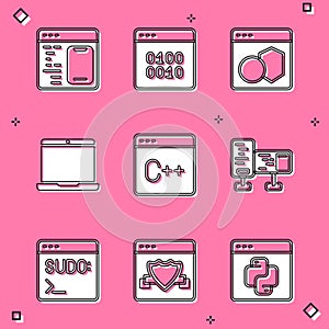 Set Software, Binary code, Laptop, Computer monitor screen, Code terminal and Browser with shield icon. Vector