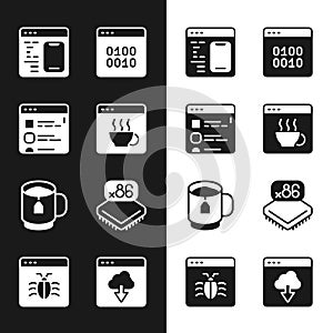 Set Software, Browser files, Binary code, Cup tea with tea bag, Processor microcircuits CPU, Cloud technology data