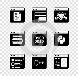 Set Software, Browser with shield, files, MySQL code and Binary icon. Vector