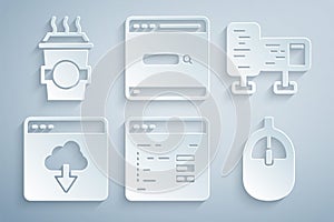 Set Software, Computer monitor screen, Cloud technology data transfer, mouse, Search engine and Coffee cup go icon